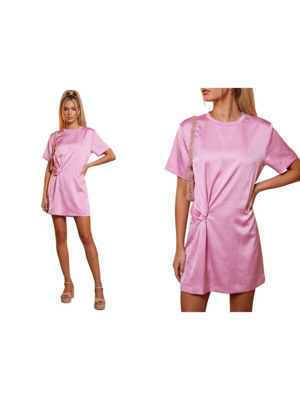 Y2K Womens Sz M Pink Satin T-Shirt Mini Dress Ruched Short Sleeve Casual Chic